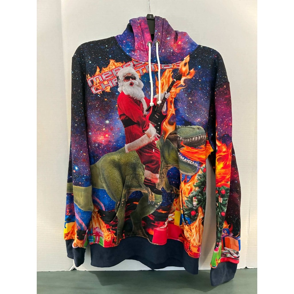Threadcraft Hoodie Mens L Multicolor Santa T-Rex Galaxy Print Christmas Dinosaur